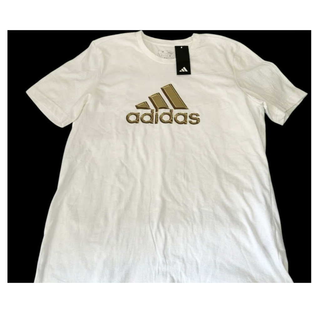 Adidas White With 3 Stripes Metallic Gold Logo T-Shirt Men Medium Streetwear NEW